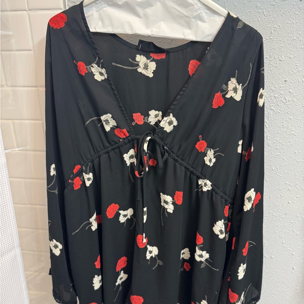 Audrey 3+1 Black romper with Red and White Floral Design